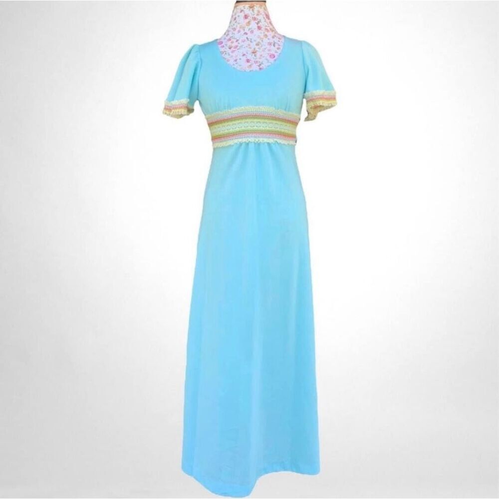 Allegro NY Vintage 70's Dress Light Sky Blue Empire Waist Maxi Crochet Detail Si